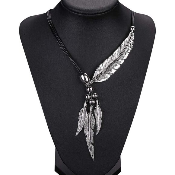 Boho Silver Feather Pendant Necklace Vintage Statement Jewelry for Women - Picture 1 of 4